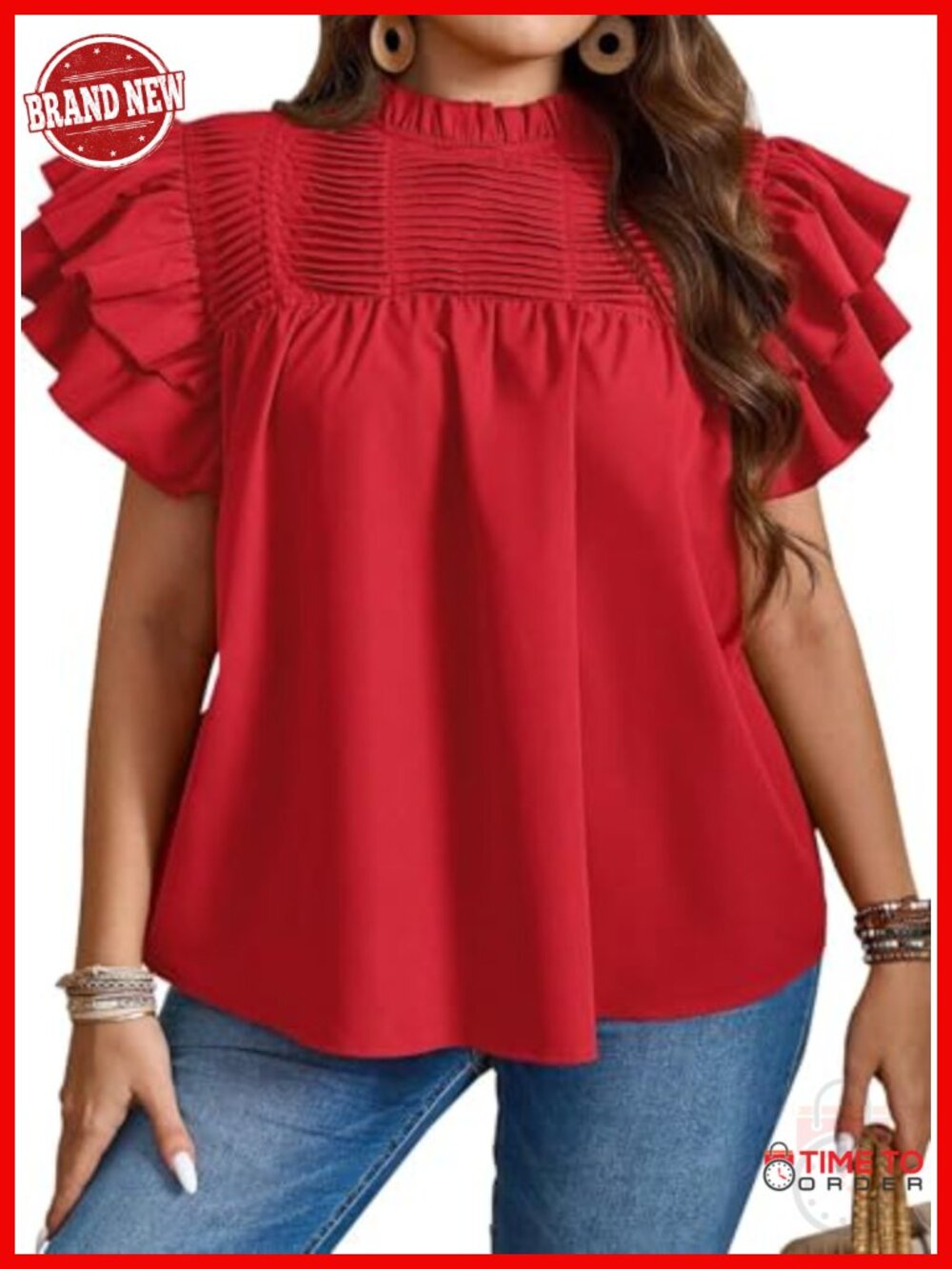 Ruffle Sleeve Blouse Mock Neck Pleated Tunic Loose Fit Top